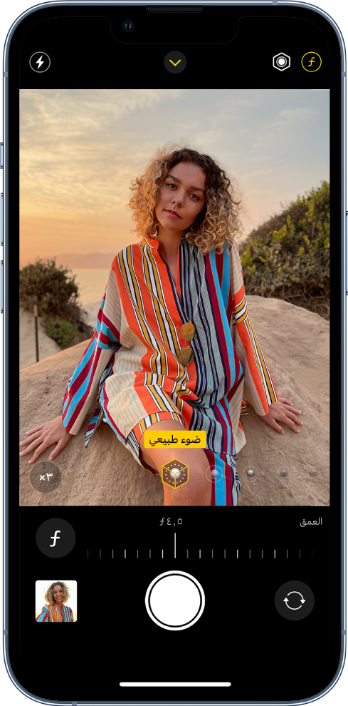 شاشة الكاميرا في وضع بورتريه. زر ضبط العمق محدد في الزاوية العلوية اليسرى من الشاشة. في لاقط المنظر، يوجد مربع يظهر أن خيار إضاءة بورتريه تم تعيينه على ضوء طبيعي، وهناك شريط تمرير لتغيير خيار الإضاءة. أسفل لاقط المنظر، يوجد شريط تمرير لتعديل ضبط العمق.