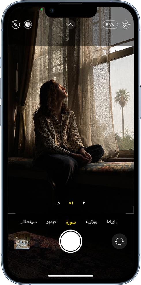 شاشة الكاميرا في نمط صورة. يظهر زرا الوميض والنمط الليلي في الزاوية العلوية اليمنى من الشاشة. ويظهر زر فلاش وزر النمط الليلي قيد الإيقاف. يوجد زر أدوات التحكم في الكاميرا في أعلى المنتصف، وزر ProRAW وصورة حية في الزاوية العلوية اليسرى. ويظهر زر ProRAW قيد التشغيل وزر صورة حية قيد الإيقاف. في أسفل الشاشة، من اليمين إلى اليسار، يوجد زر عارض الصور والفيديو وزر أخذ صورة وزر منتقي الكاميرا الخلفية.