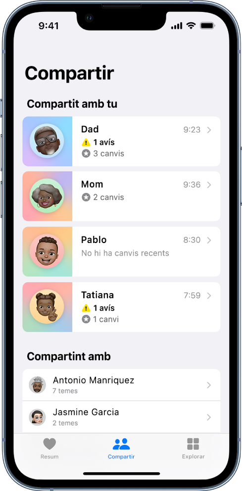 Pantalla Compartir de l’app Salut. Al mig de la pantalla, de dalt a baix, hi ha una llista dels contactes de “Compartit amb tu” que inclou informació com ara Avís, Canvis i “No hi ha canvis recents”. A sota hi ha una llista dels contactes amb qui comparteixes contingut. A sota de cada contacte hi ha el nombre de temes que comparteixes amb aquell contacte. A la part inferior de la pantalla hi ha els botons següents d’esquerra a dreta: Resum, Compartir i Explorar. L’opció Compartir està seleccionada.