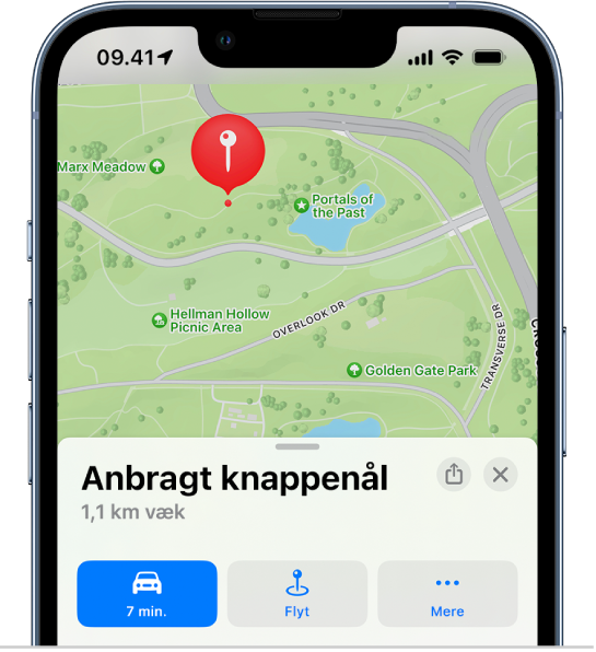 Et kort, der viser en knappenål anbragt langs en sti i en park.