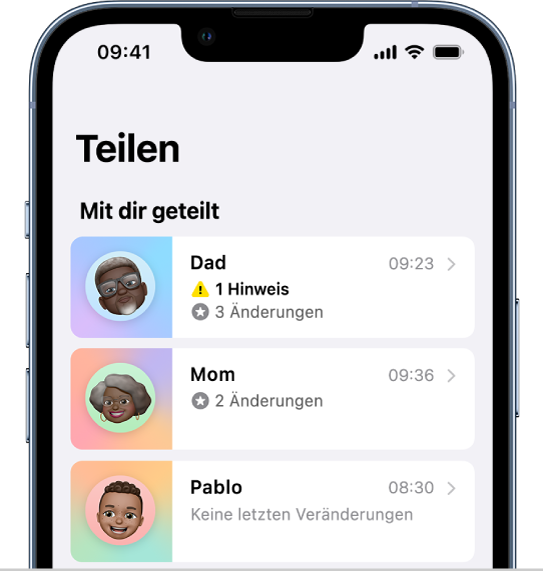 Der Bildschirm „Teilen“ mit drei Personen, die Daten teilen.