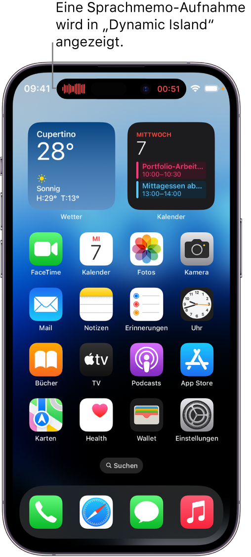 Der iPhone 14 Pro Home-Bildschirm mit einer laufenden Sprachmemo-Aufnahme in der Dynamic Island.