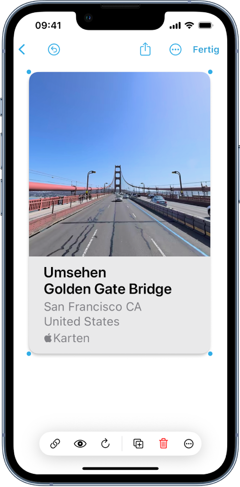 Ein Freeform-Board mit einem ausgewählten Link und den Formatierungswerkzeugen unten auf dem Bildschirm.