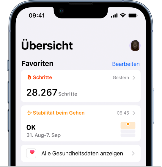 Der Bildschirm „Übersicht“ in der App „Health“. Unter „Favoriten“ werden Informationen über die Gehstabilität angezeigt.