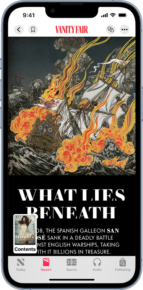 Μια οθόνη όπου εμφανίζεται ένα άρθρο περιοδικού. Στο πάνω μέρος, βρίσκονται τα κουμπιά: Πίσω, Σελιδοδείκτης, Περισσότερες προτάσεις/Λιγότερες προτάσεις, Επιλογές. Στην κορυφή εμφανίζεται επίσης το όνομα της έκδοσης. Το άρθρο εμφανίζεται κάτω από τα κουμπιά. Στο κάτω μέρος της οθόνης, στα αριστερά, βρίσκεται το κουμπί «Περιεχόμενα» (που αναπαρίσταται από μια εικόνα μικρογραφίας του εξώφυλλου του περιοδικού).