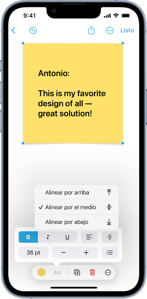 Una nota adhesiva seleccionada mostrando las herramientas de formato, incluidas opciones de alineación vertical.