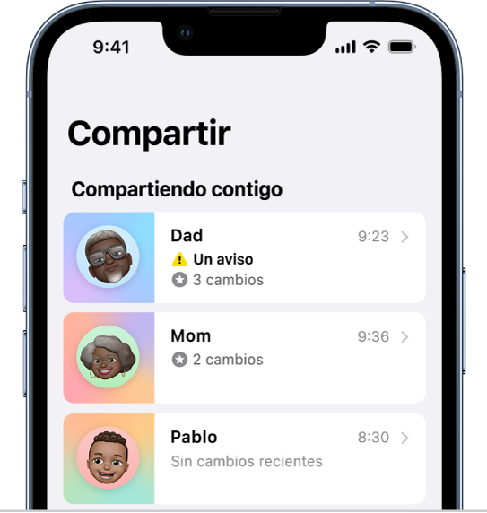La pantalla Compartir mostrando tres personas que comparten información contigo.