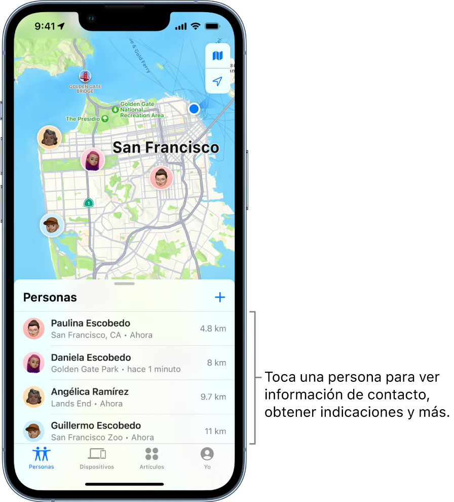 La pantalla Encontrar abierta mostrando la lista Personas. Se muestran cuatro personas en la lista: Abigail Real, Olivia Real, Daniel Ramírez y Lalo Real. Sus ubicaciones se muestran en un mapa de San Francisco.