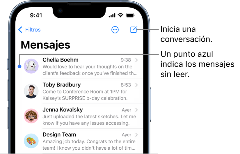 La lista de mensajes con el botón Redactar en la parte superior derecha. Un punto azul a la izquierda del mensaje indica que no se ha leído.