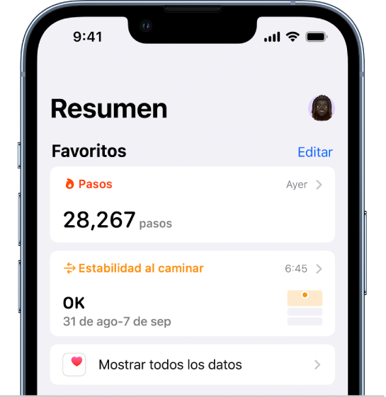 La pantalla Resumen de la app Salud. Debajo de la sección Favoritos se muestra información sobre la estabilidad al caminar.