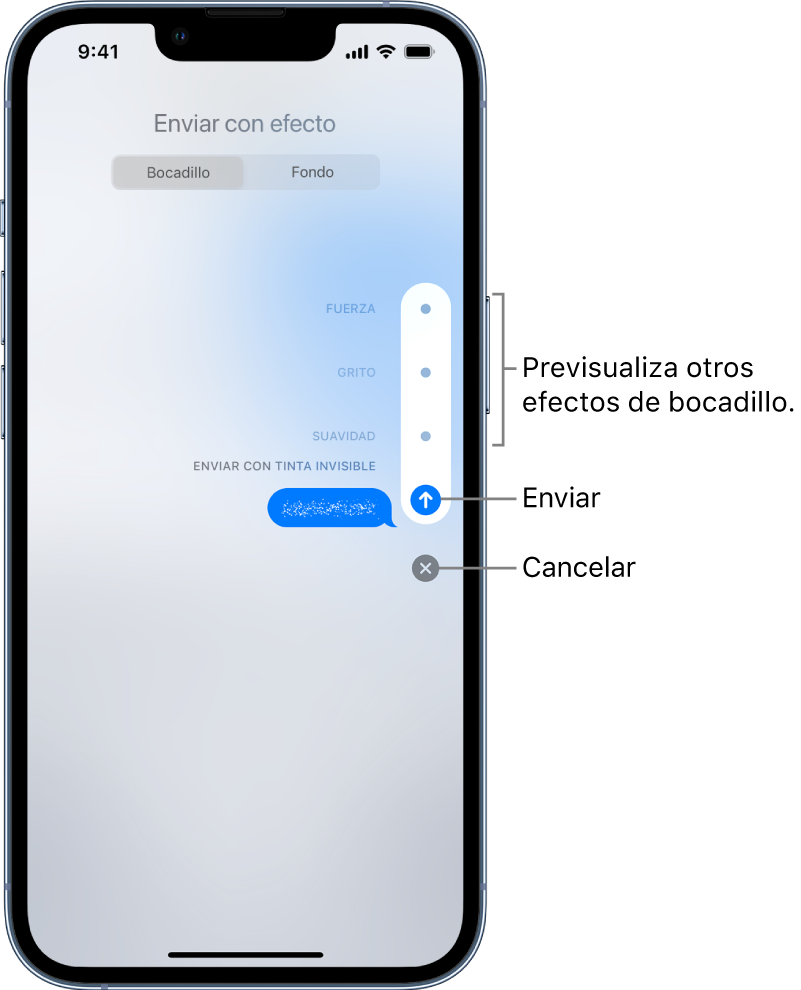 Vista previa de un mensaje con el efecto “Tinta invisible”. En la parte de la derecha, los controles muestran previsualizaciones de otros efectos de bocadillo y los botones Enviar y Cancelar.