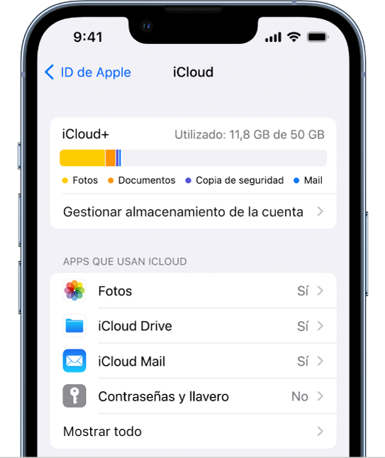 Pantalla de ajustes de iCloud con el medidor de almacenamiento en iCloud y una lista de apps y servicios, como Fotos, iCloud Drive y iCloud Mail, que se pueden usar con iCloud.