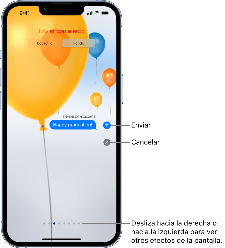 Vista previa de un mensaje con un efecto de pantalla completa con globos.