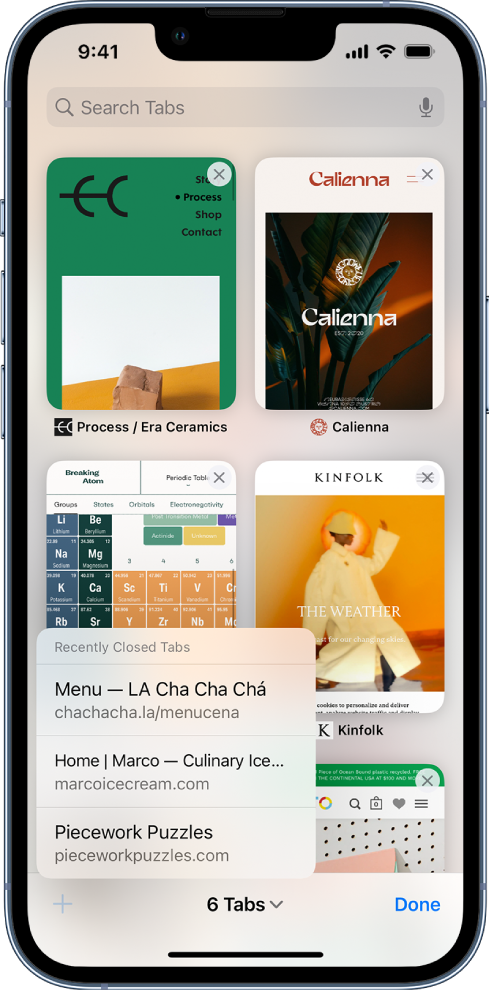 Ekraanil kuvatakse avatud vahelehtede eelvaateid. Ekraani alumises vasakus osas vajutati nuppu New Tab, mille tulemusel kuvati loend hiljuti suletud vahelehtedega.