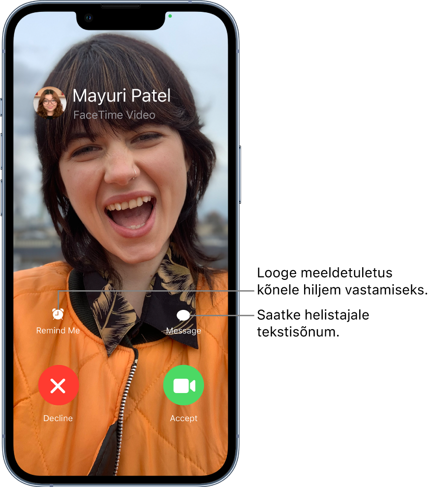 Saabuva kõne kuva. Ekraani allservas asuvad ülemisel real (vasakult paremale) nupud Remind Me ja Message. Alumisel real asuvad (vasakult paremale) nupud Decline ja Accept.