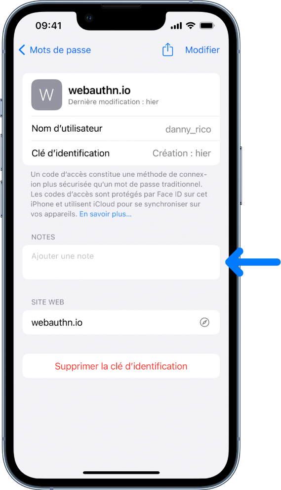 Écran de clé d’identification dans le trousseau iCloud, avec des informations sur la clé d’identification et un espace pour ajouter et consulter des notes.