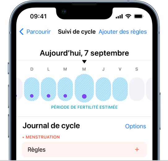 L’écran « Suivi de cycle », avec une chronologie en haut présentant une estimation de période de fertilité.