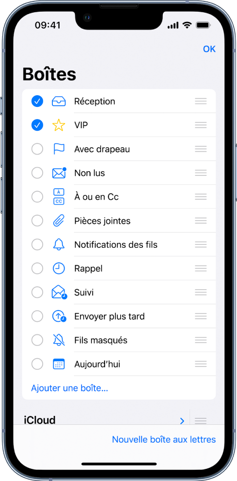 L’écran de modification des boîtes aux lettres. Les boîtes aux lettres facultatives suivantes sont répertoriées de haut en bas, avec une coche sur leur gauche : Réception, VIP, « Avec drapeau », « Non lus », « Avec pièces jointes », « Rappel », etc. En bas à droite de l’écran se trouve le bouton « Nouvelle boîte aux lettres ».