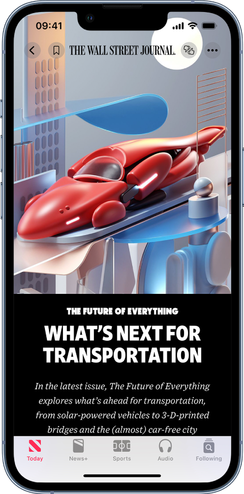 Un écran affichant un article. En haut se trouvent les boutons Back, Bookmark, « Suggest More/Suggest Less » et More. Le nom du média est également affiché en haut de l’écran. Une grande image et un titre sont affichés sous les boutons.