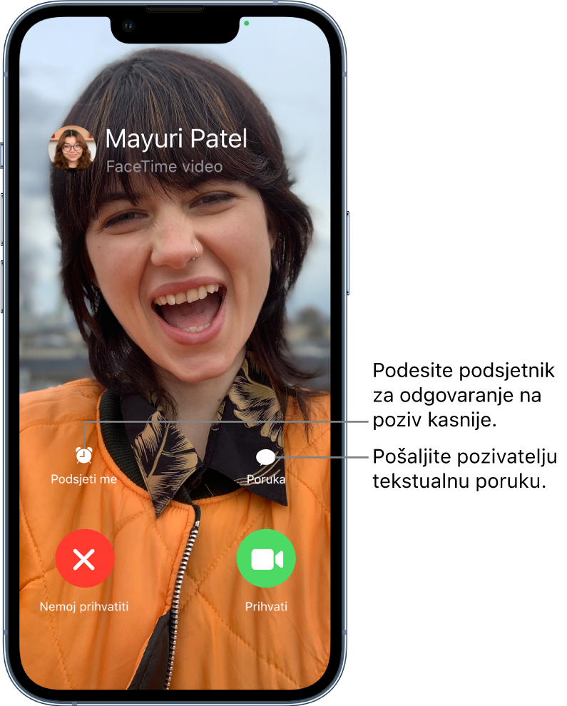 Zaslon dolaznog poziva. Na dnu zaslona, u gornjem retku s lijeva na desno prikazane su tipke Podsjeti me i Poruka. U donjem retku s lijeva na desno prikazane su tipke Odbij i Prihvati.