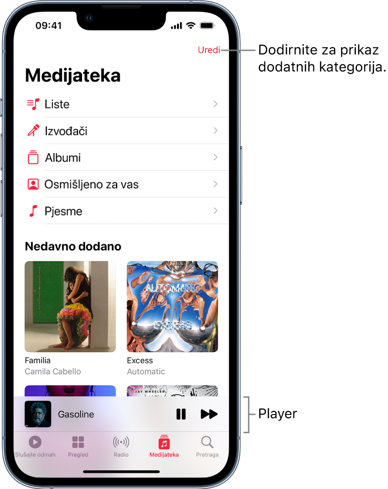 Zaslon Medijateke s prikazom liste kategorija uključujući Reprodukcijske liste, Izvođače, Albume, Osmišljeno za vas i Pjesme. Ispod liste prikazuje se zaglavlje Nedavno dodano. Svirač s prikazom naziva trenutačne pjesme i tipke za reprodukciju i pomak naprijed prikazuju se na dnu.
