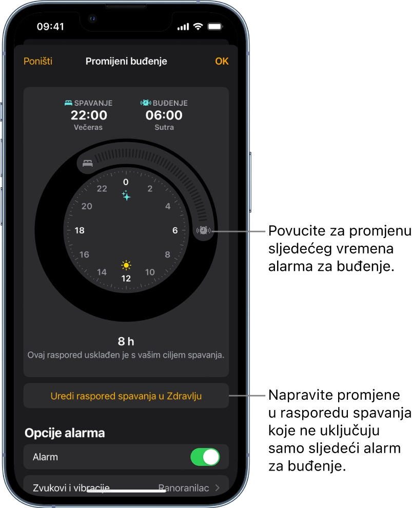 Zaslon za promjenu sutrašnjeg alarma Buđenje s tipkama koje možete povući za promjenu vremena odlaska na spavanje i vremena buđenja, tipkom za promjenu rasporeda buđenja u aplikaciji Zdravlje i tipkom za isključivanje ili uključivanje alarma Buđenje.