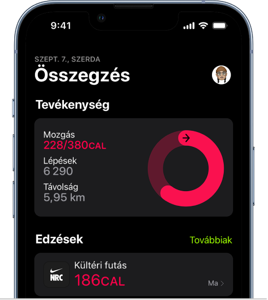 A Fitnesz app összesítő-képernyője, amelyek a Tevékenység és az Edzések terület látható.