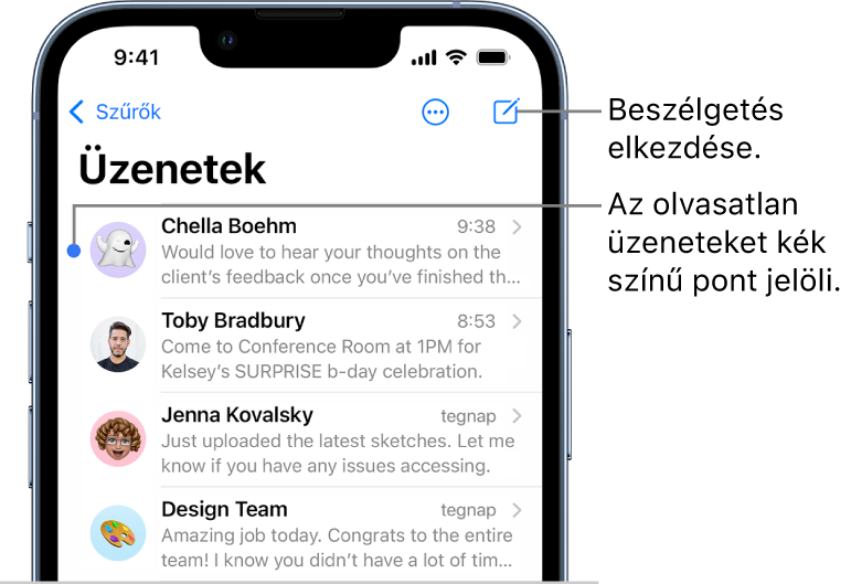 Az Üzenetek listája azt Írás gombbal a jobb felső sarokban. Az üzenetek bal oldalán lévő kék pont azt jelzi, hogy az adott üzenet olvasatlan.