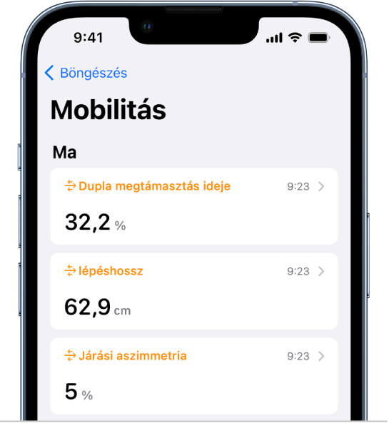 A Mobilitás képernyő, a dupla megtámasztás idejéről, a lépéshosszról és a járási aszimmetriáról szóló adatokkal.