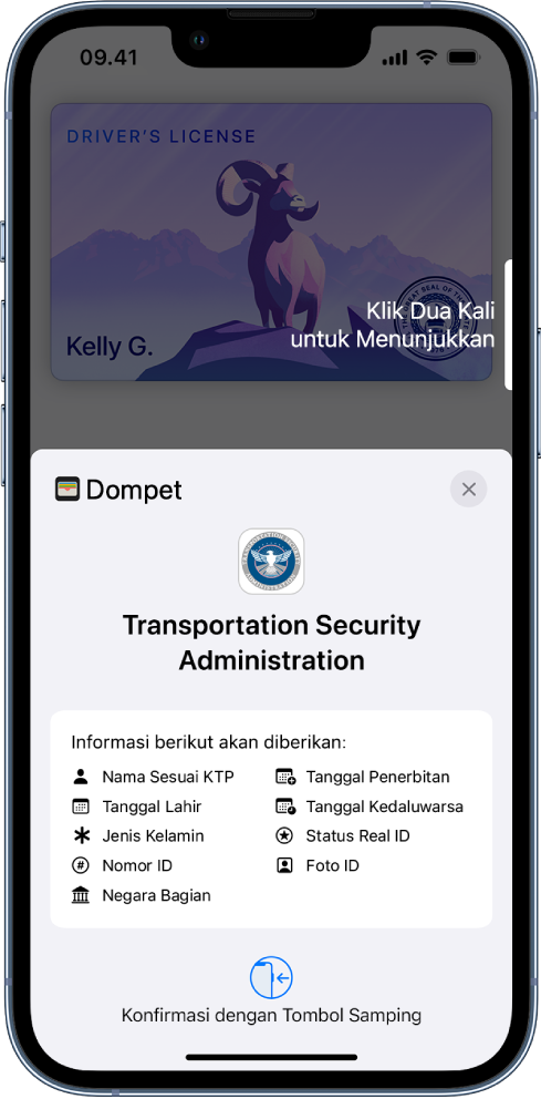 Layar menampilkan informasi yang diminta oleh TSA, termasuk nama sesuai KTP, tanggal lahir, nomor ID, foto ID, dan lainnya.