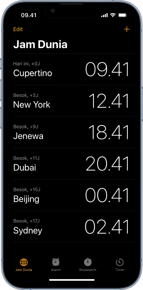 Tab Jam Dunia, menampilkan waktu di berbagai kota. Tombol Edit di dekat pojok kiri atas memungkinkan Anda untuk mengurutkan ulang atau menghapus jam. Tombol Tambah di dekat pojok kanan atas memungkinkan Anda untuk menambahkan jam lainnya. Tombol Jam Dunia, Alarm, Stopwatch, dan Timer terletak di bagian bawah.