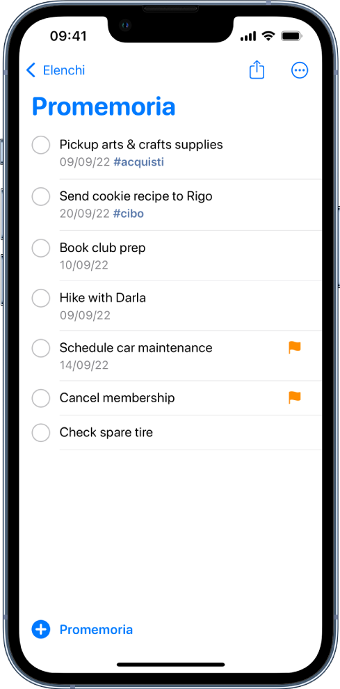 La schermata di Promemoria che mostra un elenco di attività da svolgere. Il pulsante “Nuovo promemoria” si trova in basso a sinistra.