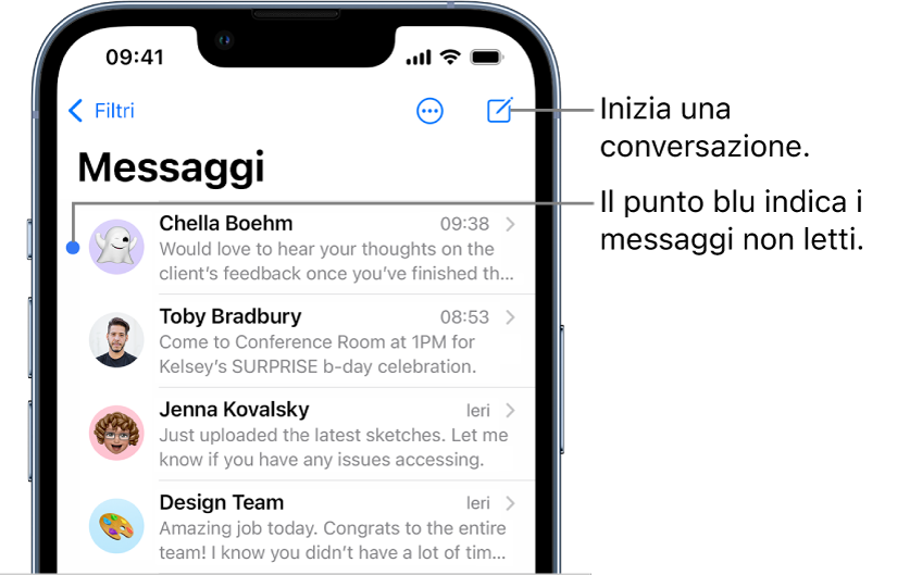 L'elenco di Messaggi, con il pulsante Componi in alto a destra. Un pallino blu a sinistra del messaggio indica che non è stato letto.