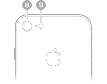 Vista posteriore di iPhone 8. In alto a sinistra sono presenti la fotocamera posteriore e il flash.