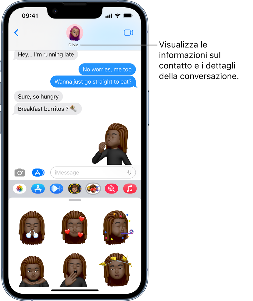 Una conversazione in Messaggi, con i messaggi in entrata sulla sinistra e i tuoi messaggi sulla destra. La risposta può essere inserita nel campo di testo nella parte inferiore della conversazione.