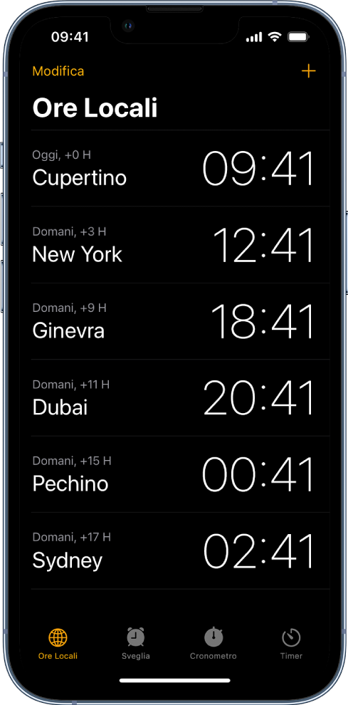 Il pannello “Ore Locali” che mostra l'ora in diverse città. Il pulsante Modifica nell'angolo in alto a sinistra ti consente di riordinare o eliminare gli orologi. Il pulsante Aggiungi nell'angolo in alto a destra ti consente di aggiungerne altri. I pulsanti “Ore locali” Sveglia, Cronometro e Timer si trovano nella parte inferiore dello schermo.