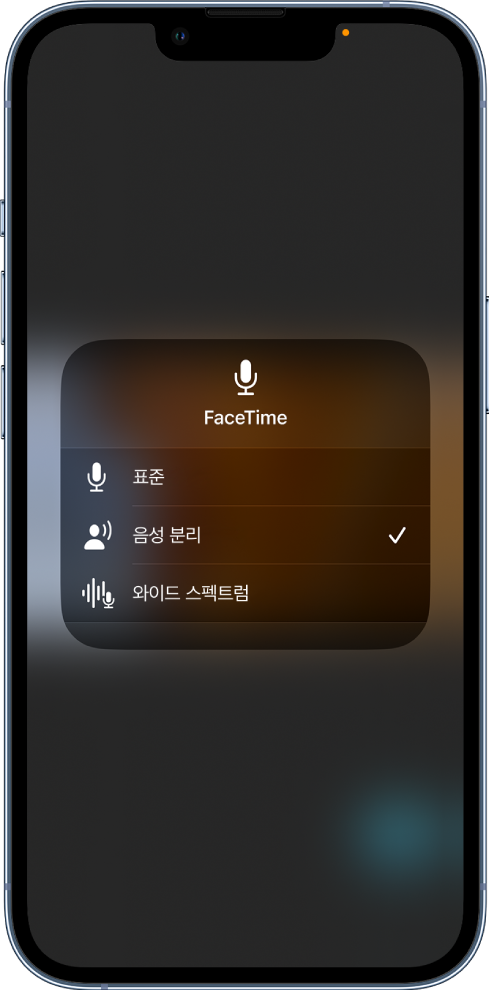 제어 센터의 FaceTime 통화용 마이크 모드 설정. 음성 통화 설정으로 표준, 음성 분리, 와이드 스펙트럼이 표시됨.