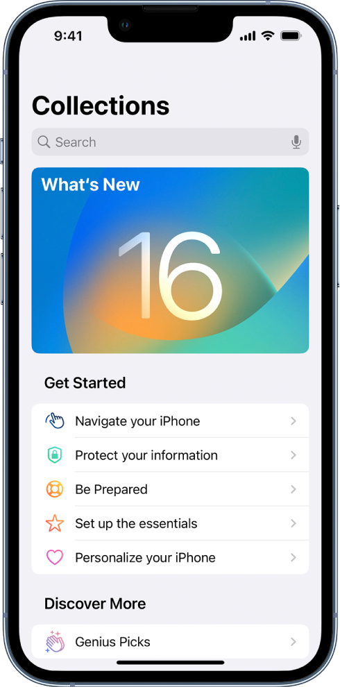 Ekranas rodo „Tips“ kolekcijas su rodyklėmis, nurodančiomis, kad galite paliesti kolekciją ir peržiūrėti patarimus.