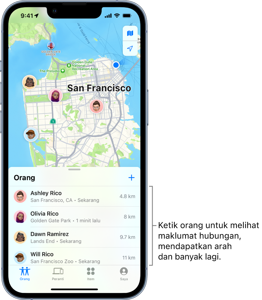 Skrin Cari terbuka pada senarai Orang. Terdapat empat orang dalam senarai: Ashley Rico, Olivia Rico, Dawn Ramirez dan Will Rico. Lokasinya ditunjukkan pada peta San Francisco.