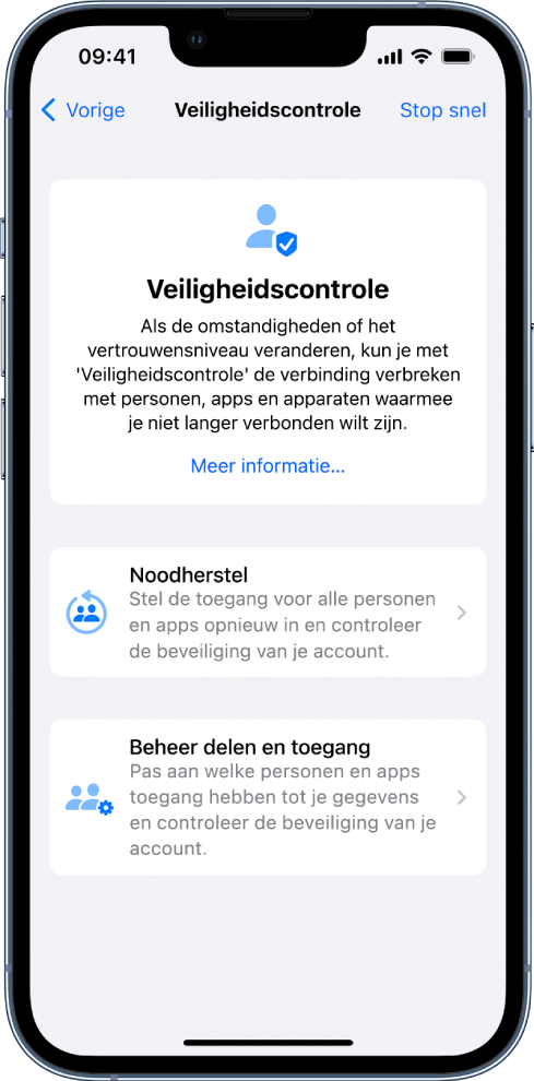 Het Veiligheidscontrole-scherm, met informatie over de functie en knoppen voor 'Noodherstel' en 'Beheer delen en toegang'.