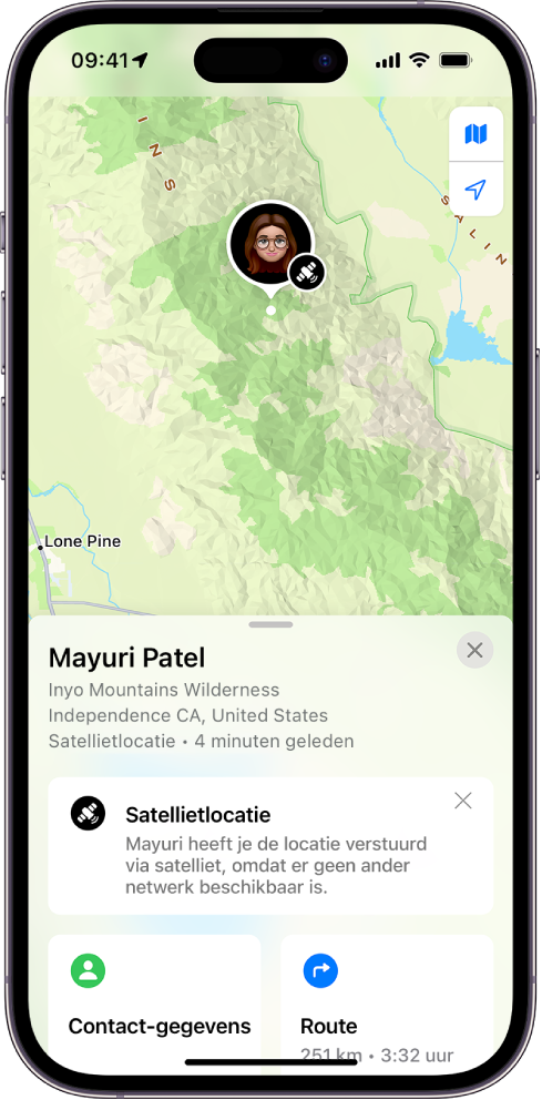 Het Zoek mijn-scherm dat wordt weergegeven wanneer vrienden hun locatie via satelliet delen.