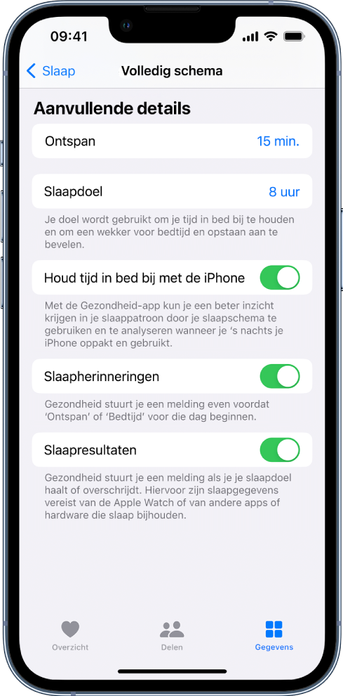 Het gedeelte 'Aanvullende details' van het scherm 'Volledig schema'.