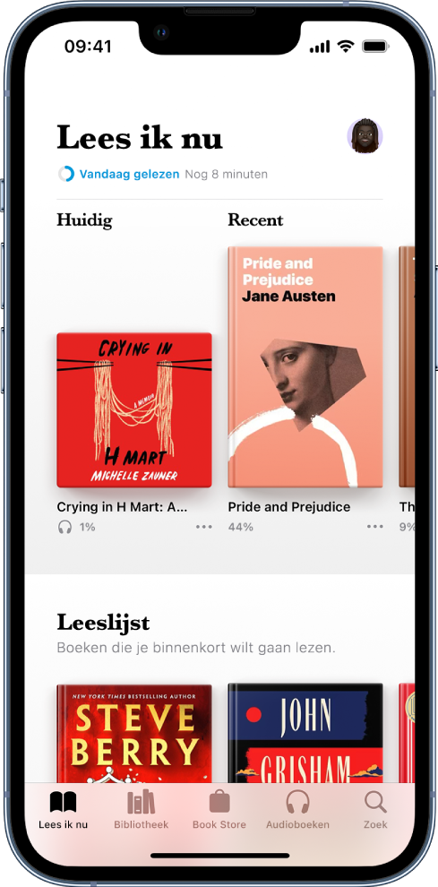 Het tabblad 'Lees ik nu' in de Boeken-app. Onder in het scherm staan van links naar rechts de tabbladen 'Lees ik nu', 'Bibliotheek', 'Book Store', 'Audioboeken' en 'Zoek'.