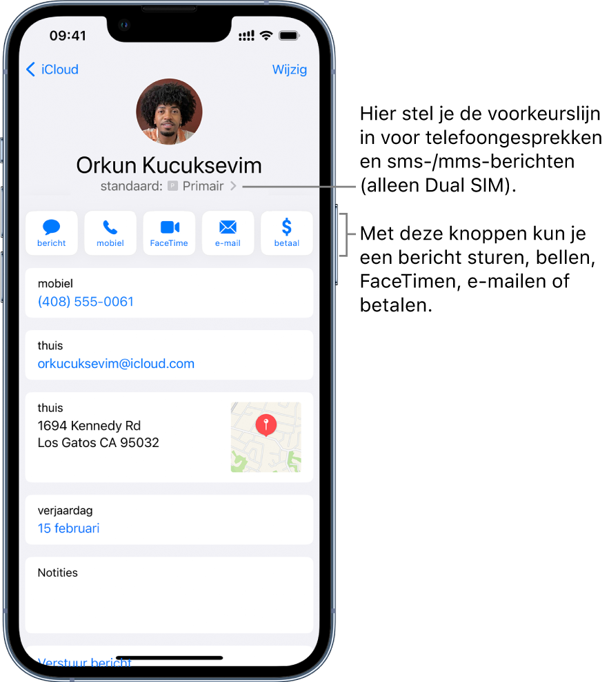 Het informatiescherm voor een contactpersoon. Bovenin staan de naam en foto van de contactpersoon. Daaronder staan knoppen voor het versturen van een bericht, bellen met de telefoon, bellen met FaceTime, het sturen van een e‑mail en het sturen van geld via Apple Pay. Onder de knoppen vind je de contactgegevens.