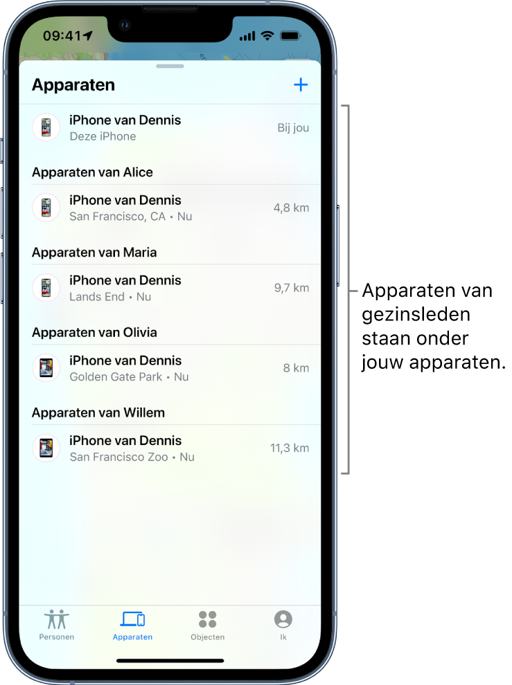 Het tabblad 'Apparaten' in Zoek mijn. Bovenaan de lijst staat de iPhone van Dennis. Daaronder staan de apparaten van Alice, Dawn, Olivia en Willem.