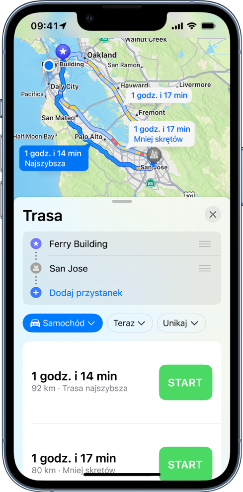 Mapa wyświetlająca różne trasy przejazdu między dwoma miejscami. Wybrana jest trasa najszybsza. Widoczna na dole karta trasy zawiera szczegóły tras, obejmujące szacowany czas podróży, odległość oraz krótki opis. Obok każdej trasy widoczny jest przycisk Start.