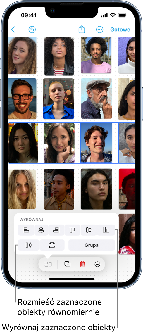 Tablica Friform wypełniona siatką ze zdjęciami. Jeden z wierszy zdjęć jest zaznaczony; widoczne są narzędzia wyrównywania i grupowania.