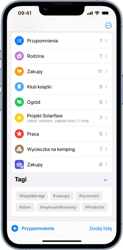 Ekran aplikacji Przypomnienia, zawierający kilka list przypomnień. Na dole widoczna jest przeglądarka tagów.