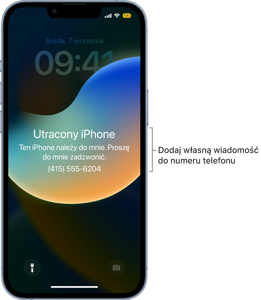 Zablokowany ekran iPhone’a, wyświetlający komunikat: „Utracony iPhone. To mój iPhone, chcę go odzyskać. Proszę do mnie zadzwonić. (415) 555‑6204”. Do numeru telefonu możesz dodać własną wiadomość.