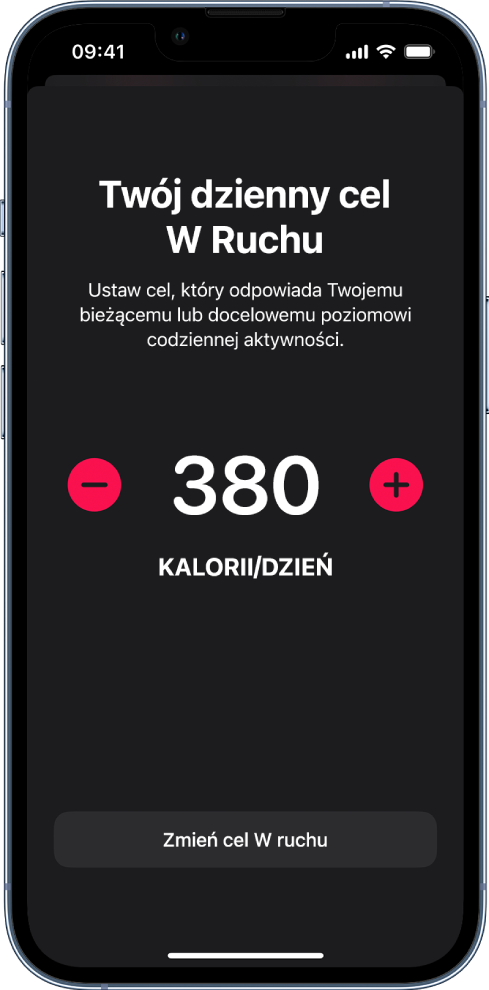 Ekran zmiany celu W ruchu. Widoczny jest cel W ruchu oraz przyciski umożliwiające jego zwiększenie lub zmniejszenie.